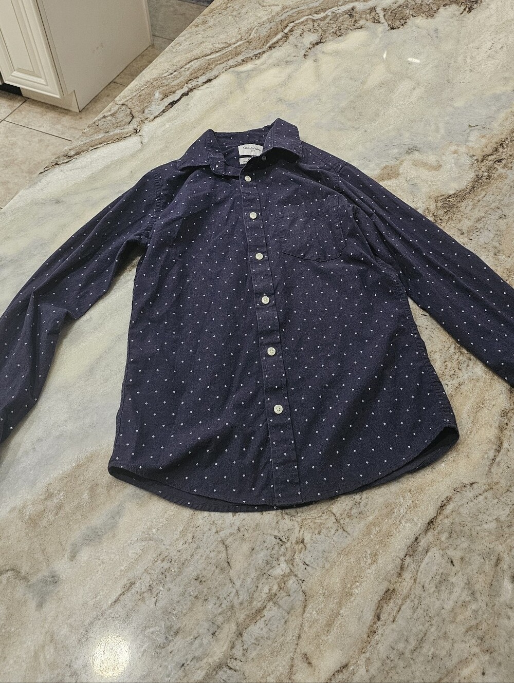 Goodfellow & Co Button Front Shirt Men's Small Navy Microdot Long Sleeve